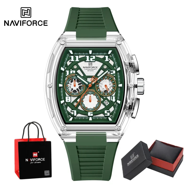 NAVIFORCE Men's Watch Quartz Chronograph Luminous Soft Silicone Strap Business Trendy Outdoor Casual Wristwatch Gift Box for Man