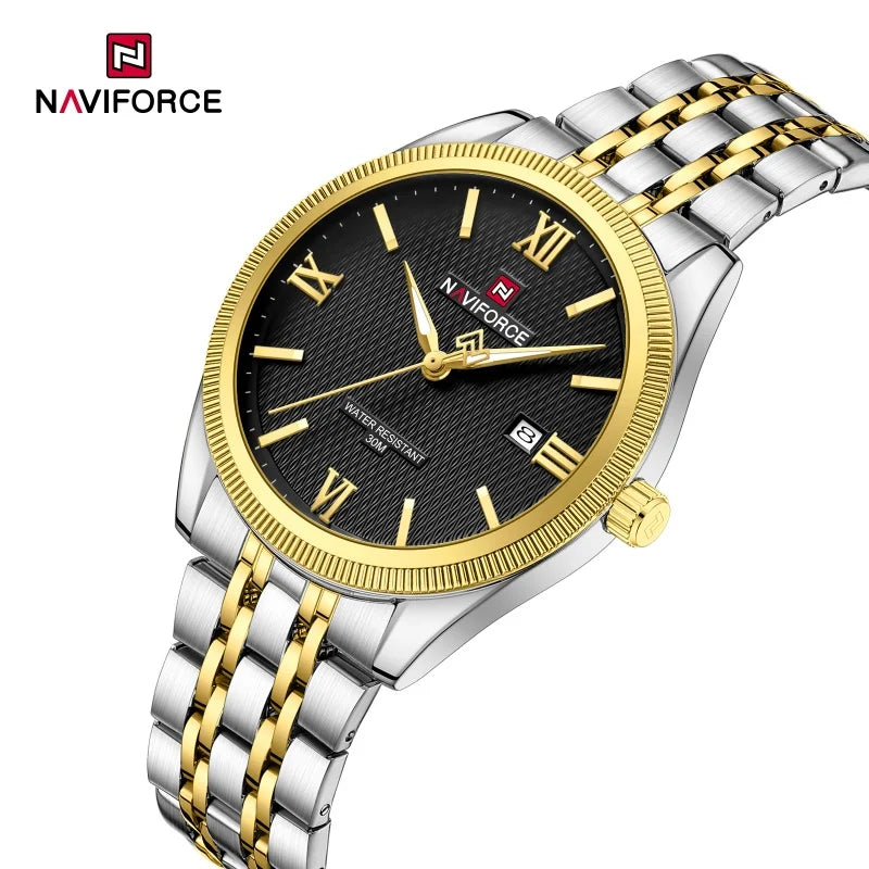NAVIFORCE Man Wristwatch Quartz Calendar 30M Waterproof Date Display Steel Band Casual Male Business Watch Gift for Father's Day