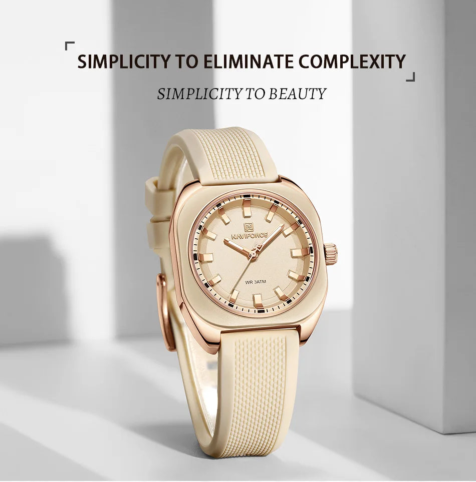 NAVIFORCE Womens Square Quartz Watch 3ATM Waterproof Luminous Silicone Strap Casual Fashion Dress Elegant Wristwatch Gifts Box