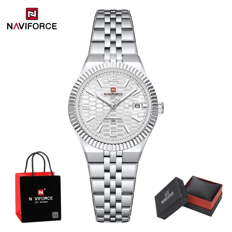NAVIFORCE Luxury Women Quartz Calendar Watch 30M Waterproof Luminous Steel Strap Female Casual Girls Fashion Wristwatch Gift Box