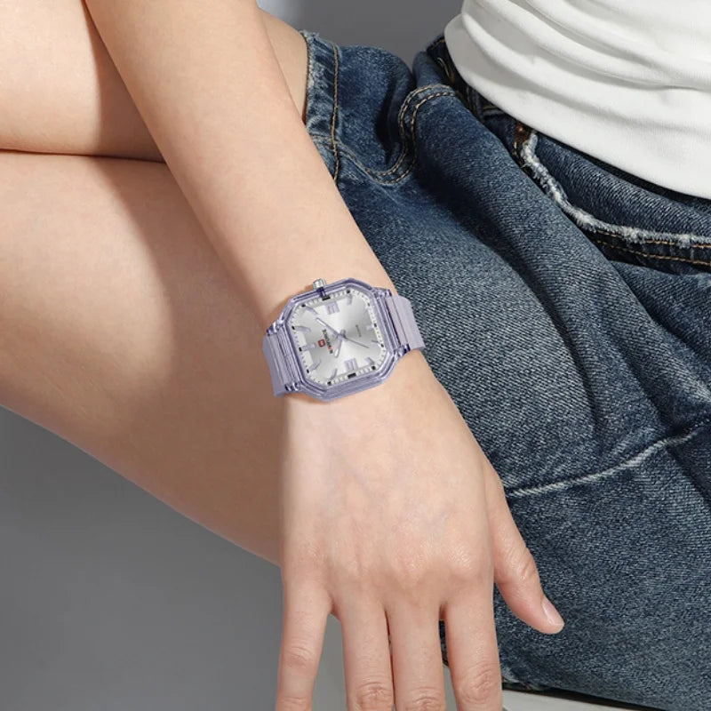 NAVIFORCE Women Polygon Watch Display Silicone Strap 50M Waterproof Luminous Fashionable Elegant Ladis Girls Wristwatch Gift Box
