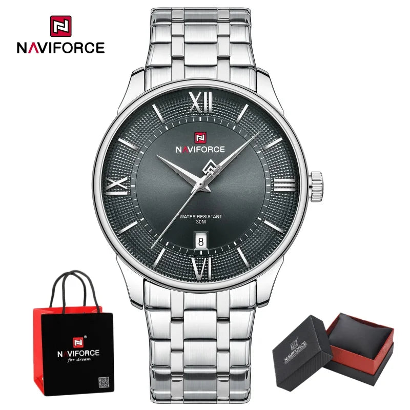 NAVIFORCE Man's Watch Quartz Calendar 30M Waterproof Stainless Steel Male Stylish Daily Luxury Wristwatch Gifts Box Father's Day
