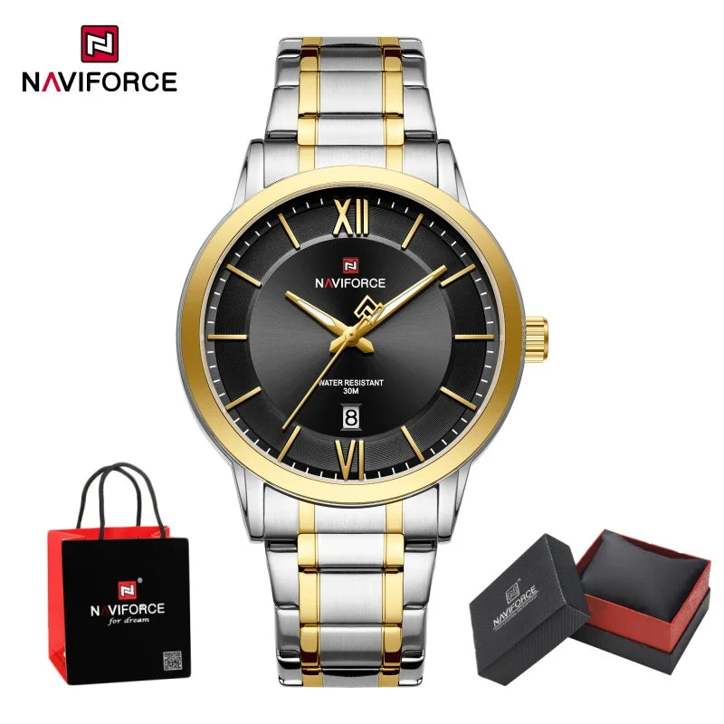 NAVIFORCE Original Watches for Men Quartz Waterproof Calendar Clock Steel Strap Military Luxury Sports Male Wristwatch Gift Box