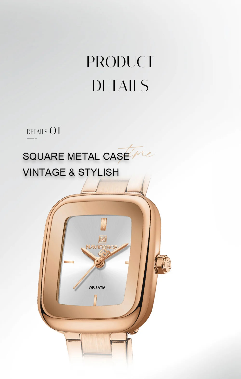 NAVIFORCE Square Watches for Women 3ATM Waterproof Stainless Steel Fashion Ultra Light Girls' Watch Wristwatch Gift Box for Lady