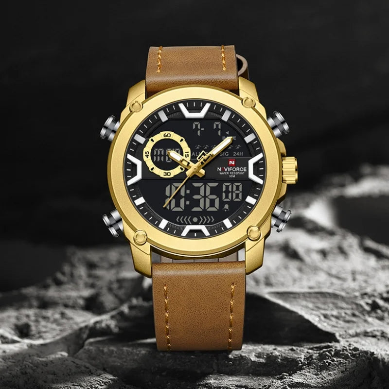 NAVIFORCE Mens Watch Original Simple Brand Quartz Watch Japan Movement Genuine Band Luminous Dual Display Watches For Men Gifts