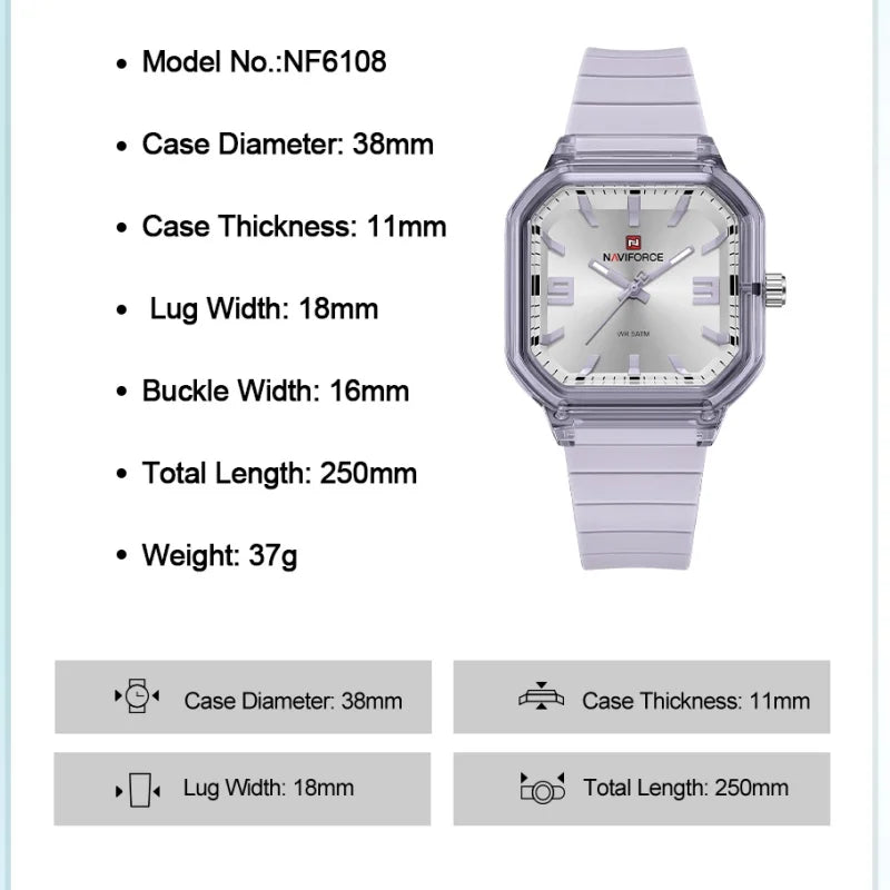 NAVIFORCE Women Polygon Watch Display Silicone Strap 50M Waterproof Luminous Fashionable Elegant Ladis Girls Wristwatch Gift Box