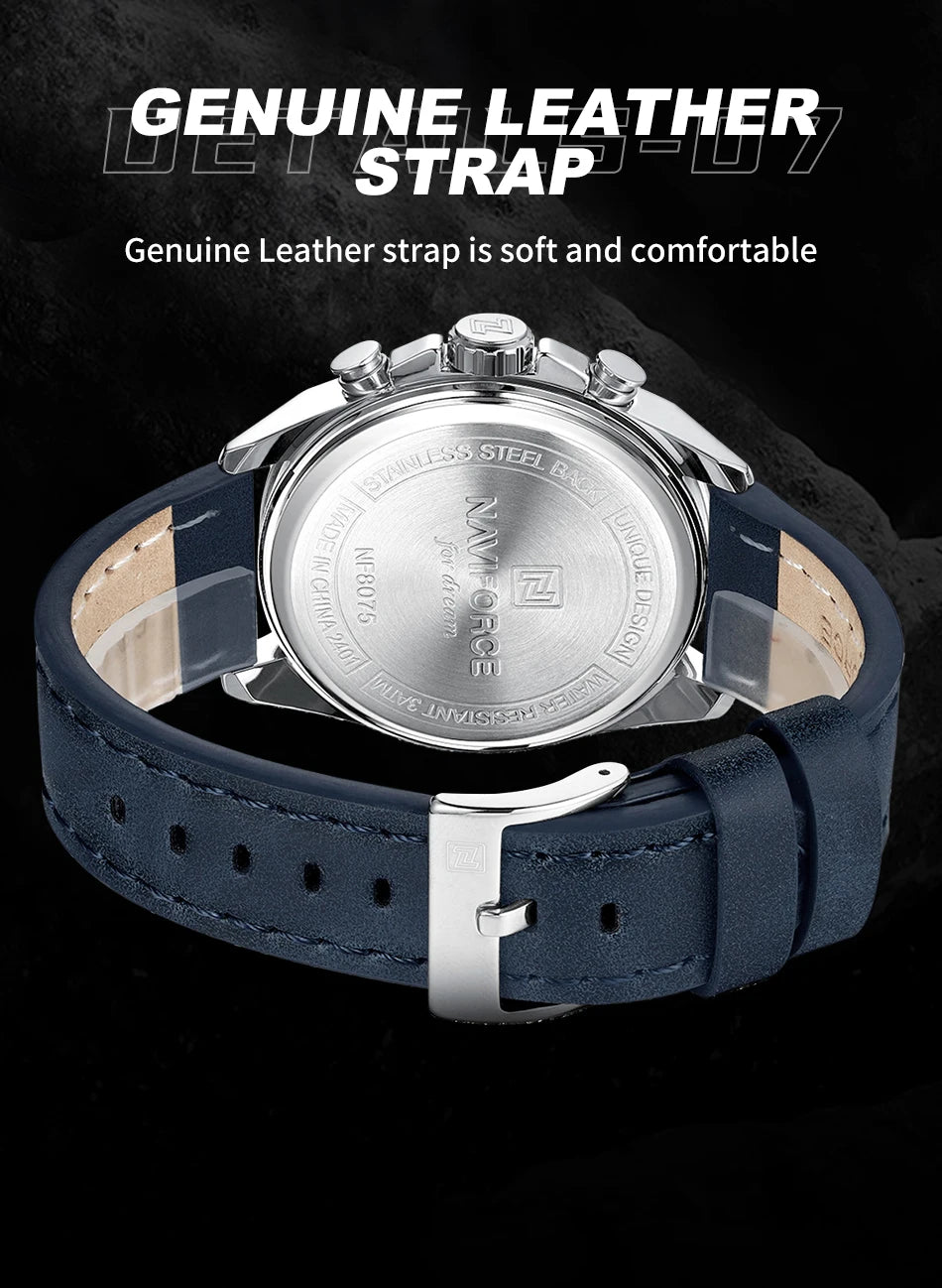 NAVIFORCE Brand Watches For Men Genuine Leather Band Chronograph Quartz Wristwatches Casual Sport 30m Waterproof Male Gift Clock