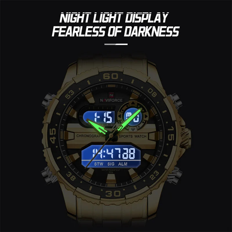 NAVIFORCE Men's Sports Alarm Watch Waterproof Chronograph Quartz Movement Steel Band Digital Date Week Display Wristwatches Gift
