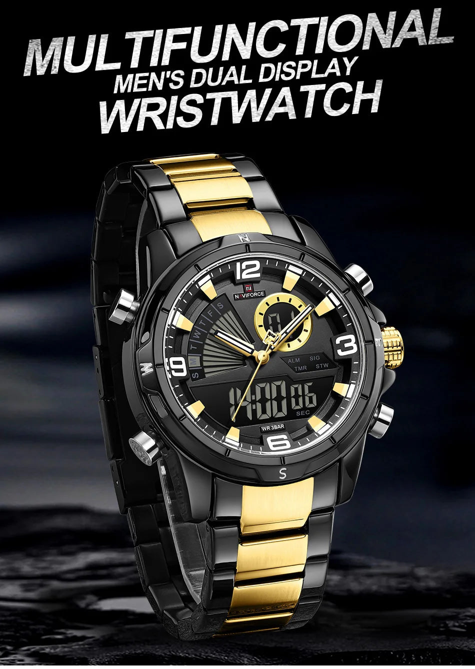 NAVIFORCE Luxury Man's Watch Quartz Chronograph Dual Display 3ATM Waterproof Military Style Sports Wristwatch Gift Box For Men