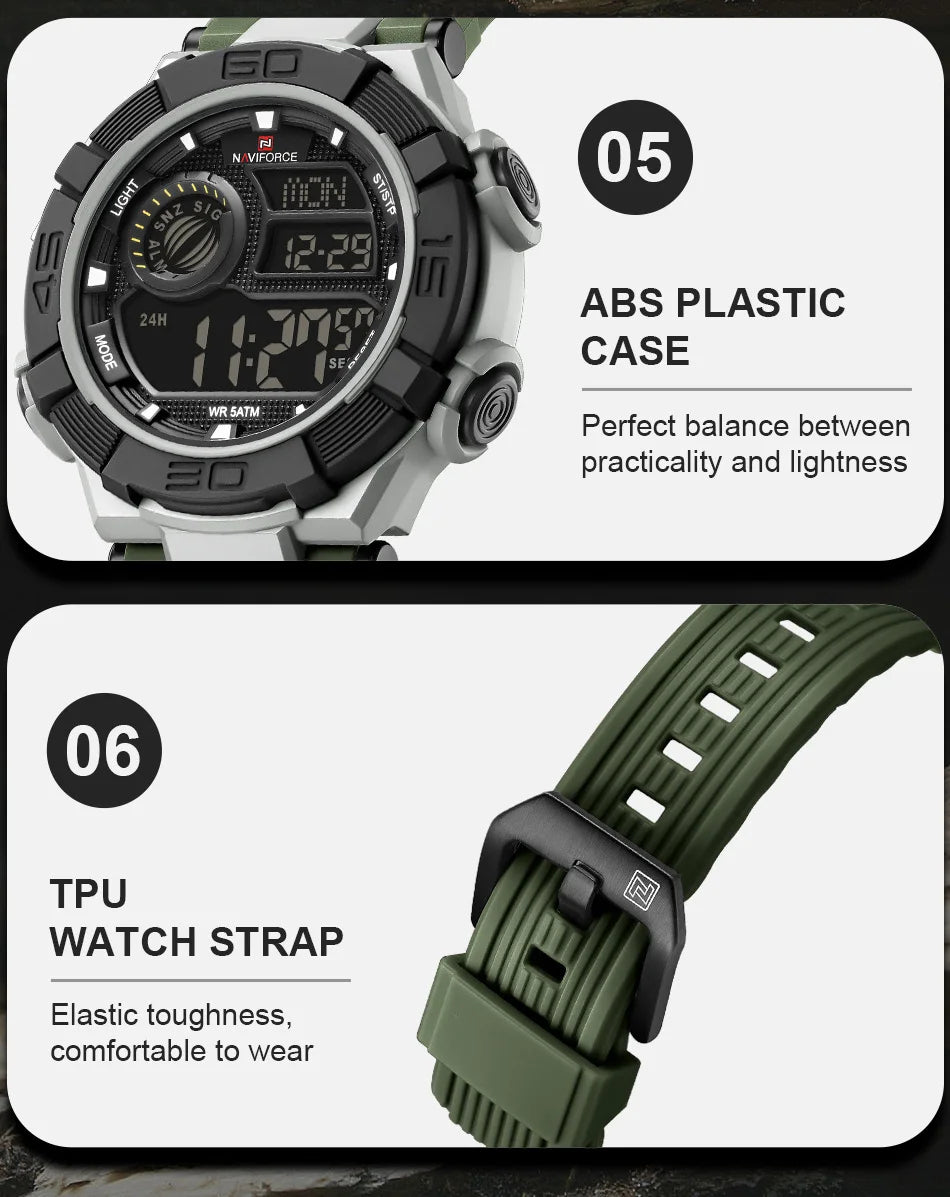 NAVIFORCE Man's Watch With Date Week Display LCD Digital Lightweight 24 Hour Alarm Clock 5ATM Waterproof Male Sports Wristwatch