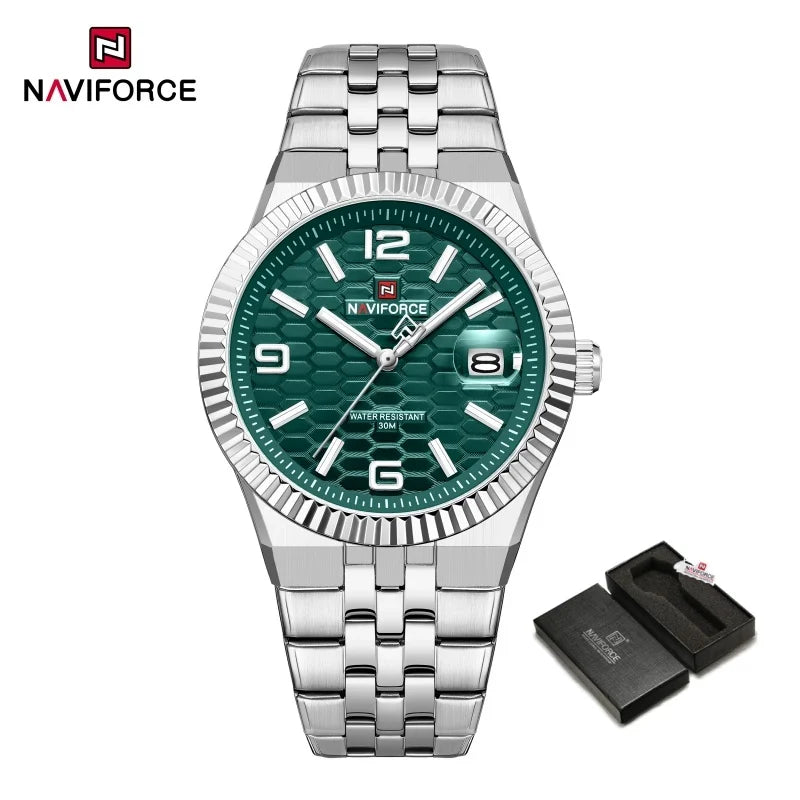 NAVIFORCE Men Watches Quartz Calendar Waterproof Luminous Magnifying Glass Window Stainless Steel Male Luxury Business Watches