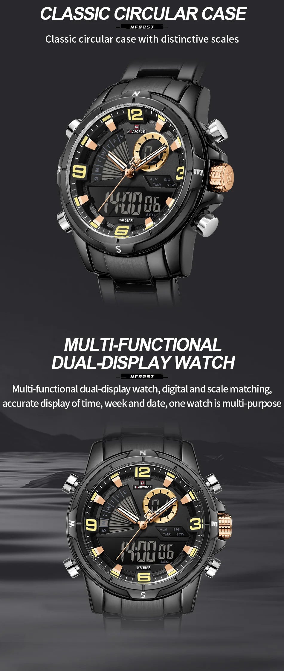 NAVIFORCE Men Watch Steel Band Men's Wrist Watch Casual Sports Multifunction Waterproof big dial Chronograph Day and Date Clock