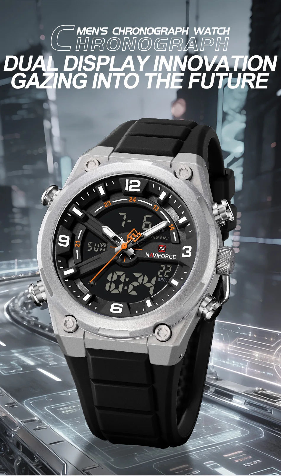NAVIFORCE Man's Watches Dual Display Week and Date Waterproof Luminous Silicone Strap Male Business Fashion Wristwatch Gift Box