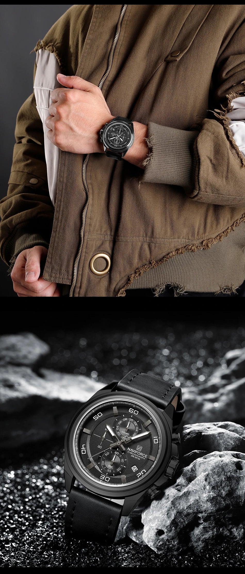 Original NAVIFORCE Business Luxury Leather Strap Men Watches Sports Chronograph Watch for Man 3ATM Waterproof Quartz Wristwatch