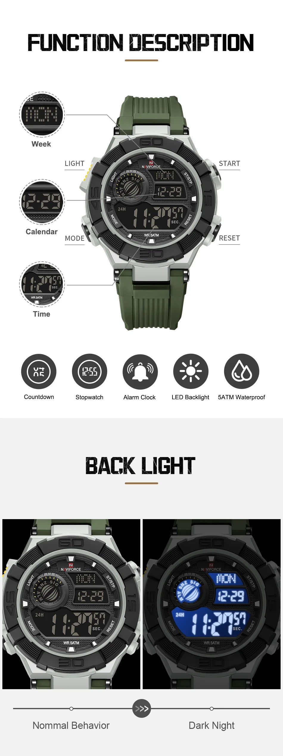 NAVIFORCE Man's Watch With Date Week Display LCD Digital Lightweight 24 Hour Alarm Clock 5ATM Waterproof Male Sports Wristwatch