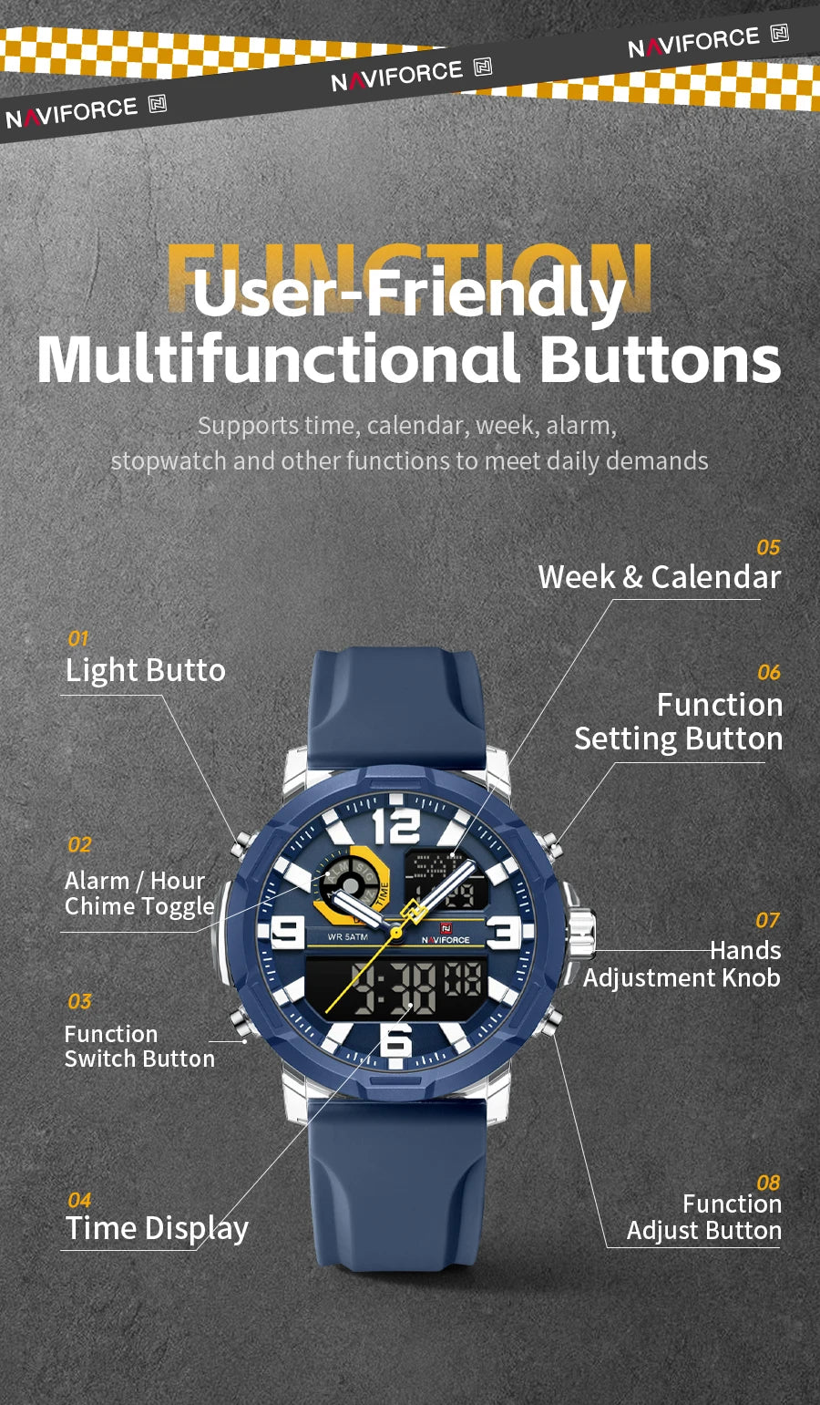 NAVIFORCE Men Dual Display Watch Alarm Clock 50M Waterproof Chronograph Stylish Novel Teenager Outdoor Sport Wristwatch Gift Box