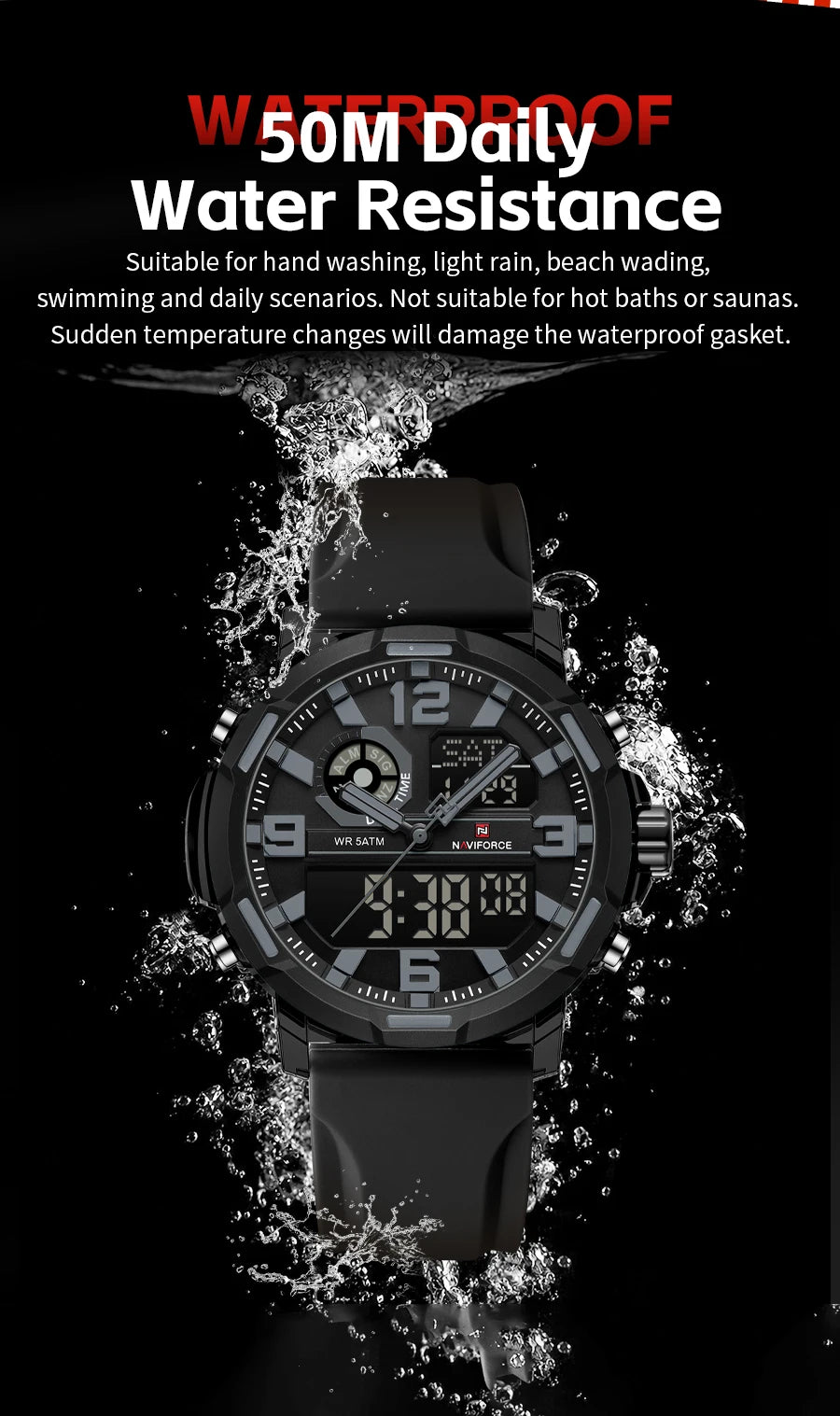 NAVIFORCE Men's Military Quartz Watch Slate Gray Dial White Arabic Numeral Scale 5ATM Waterproof Sports Personality Wristwatches