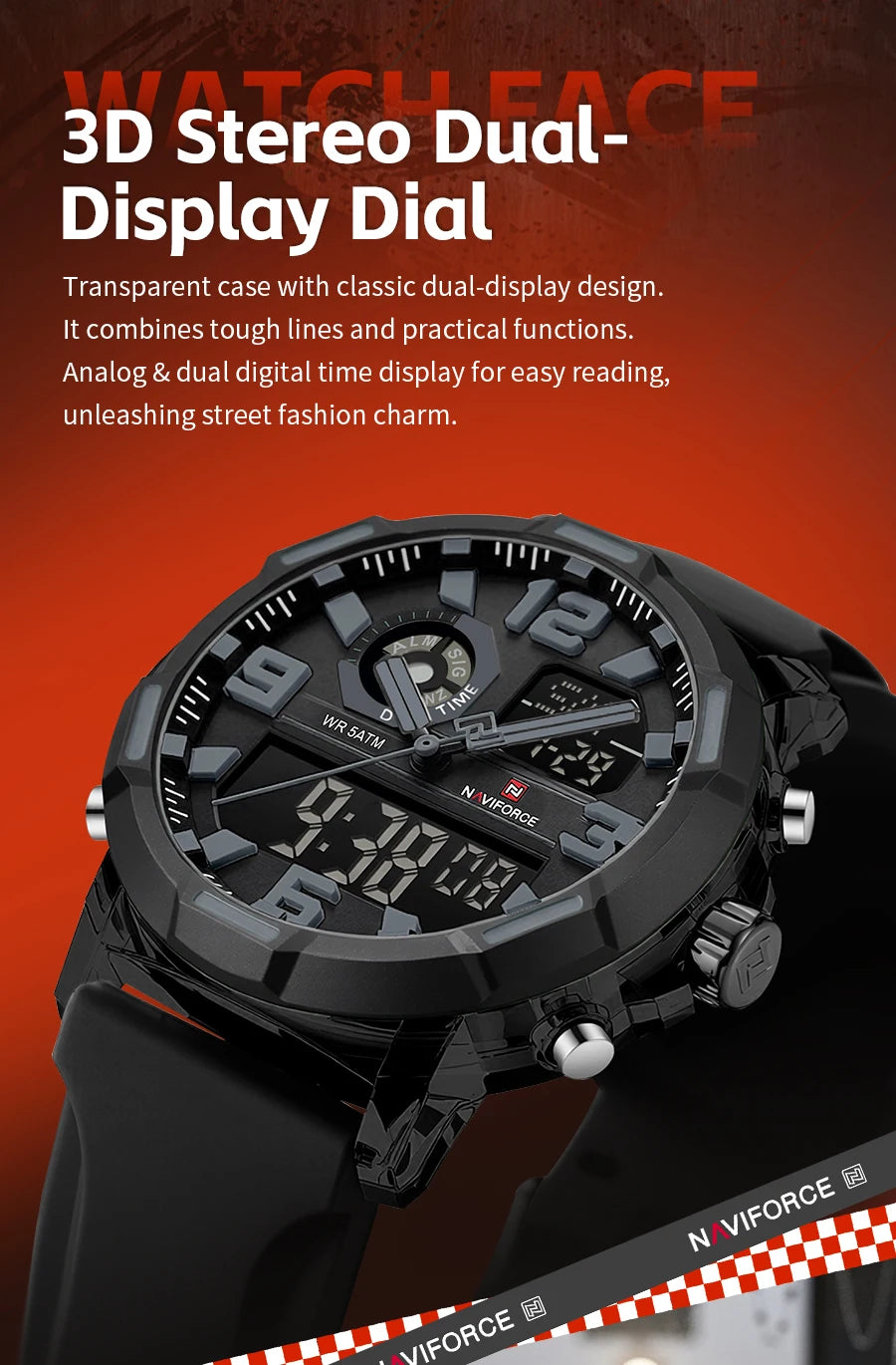 NAVIFORCE Men's Military Quartz Watch Slate Gray Dial White Arabic Numeral Scale 5ATM Waterproof Sports Personality Wristwatches