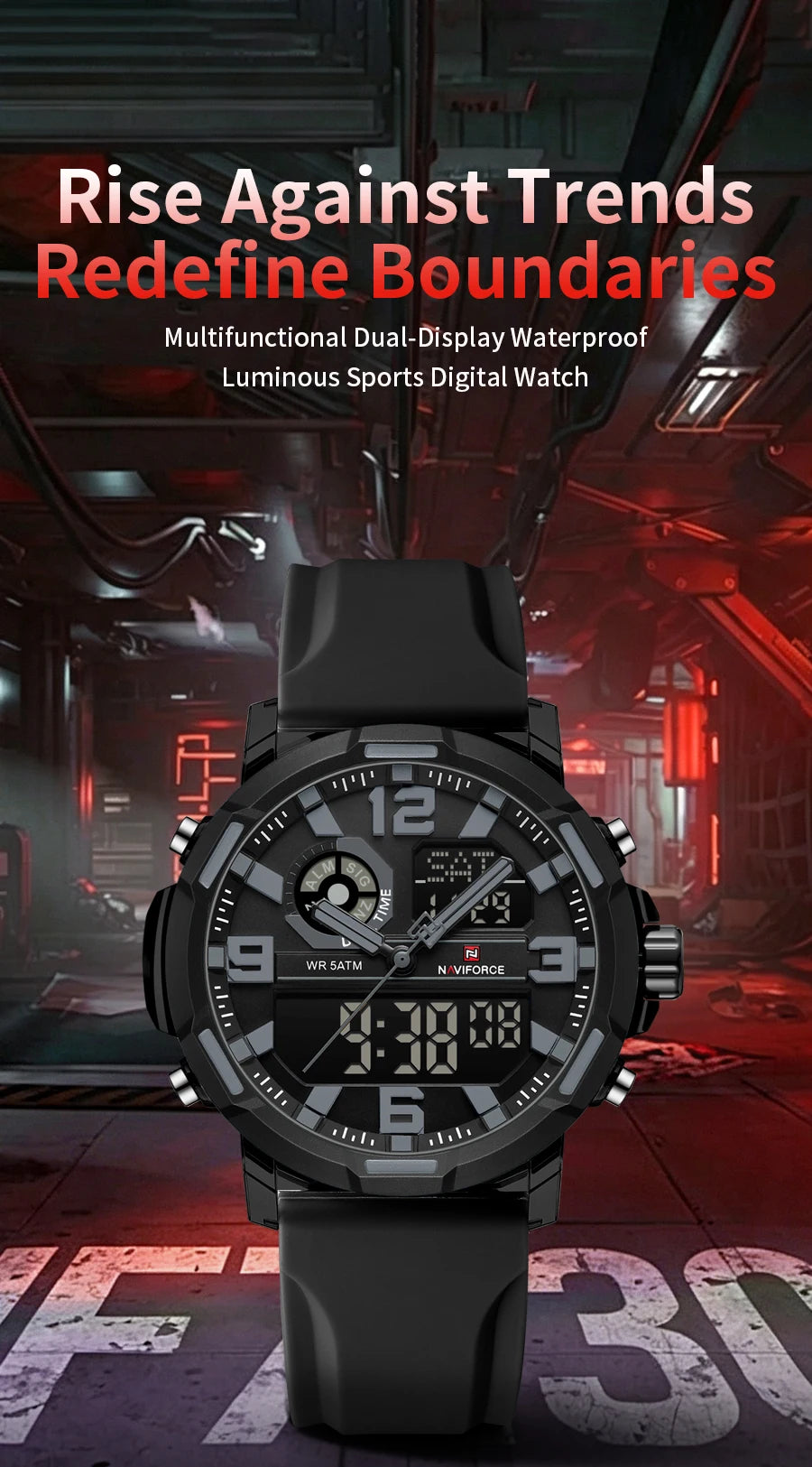 NAVIFORCE Men's Military Quartz Watch Slate Gray Dial White Arabic Numeral Scale 5ATM Waterproof Sports Personality Wristwatches