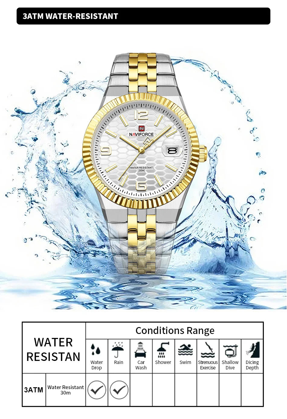 NAVIFORCE New Lover Watches 3ATM Waterproof Quartz Calendar Stainless Steel Fashionable Elegant Daily Wear Wristwatch for Couple