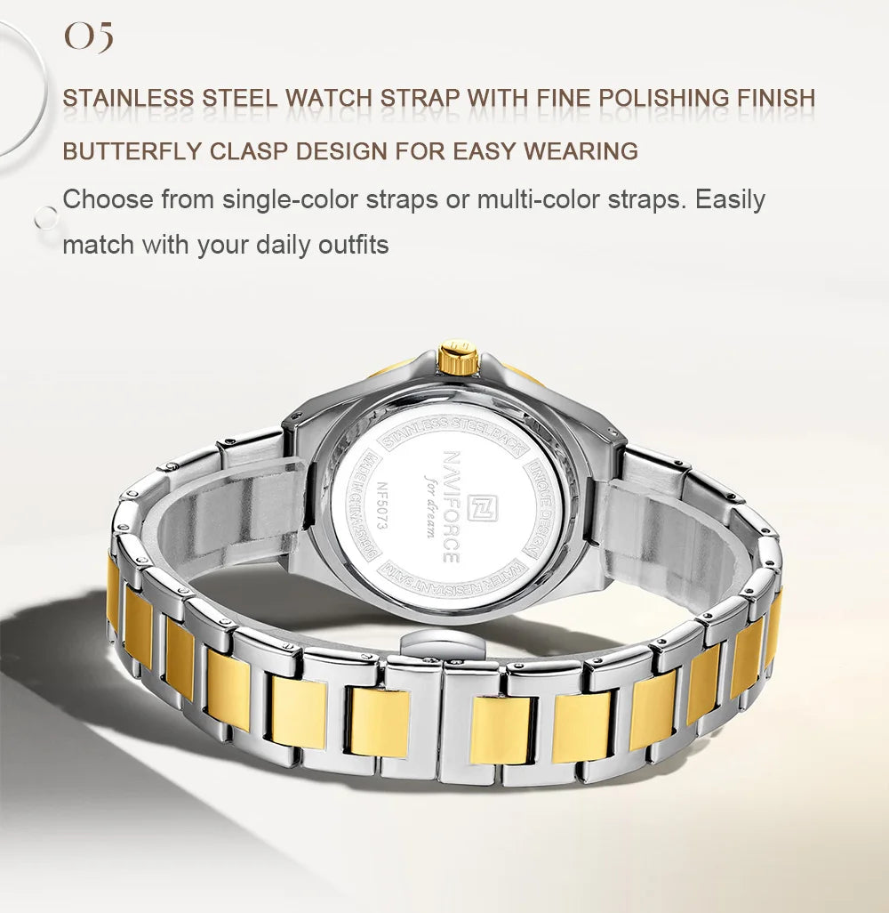 NAVIFORCE Women's Quartz Watch 3ATM Waterproof Date Display Stainless Steel Fashion for Daily Dress Lady Wristwatch Gifts Box