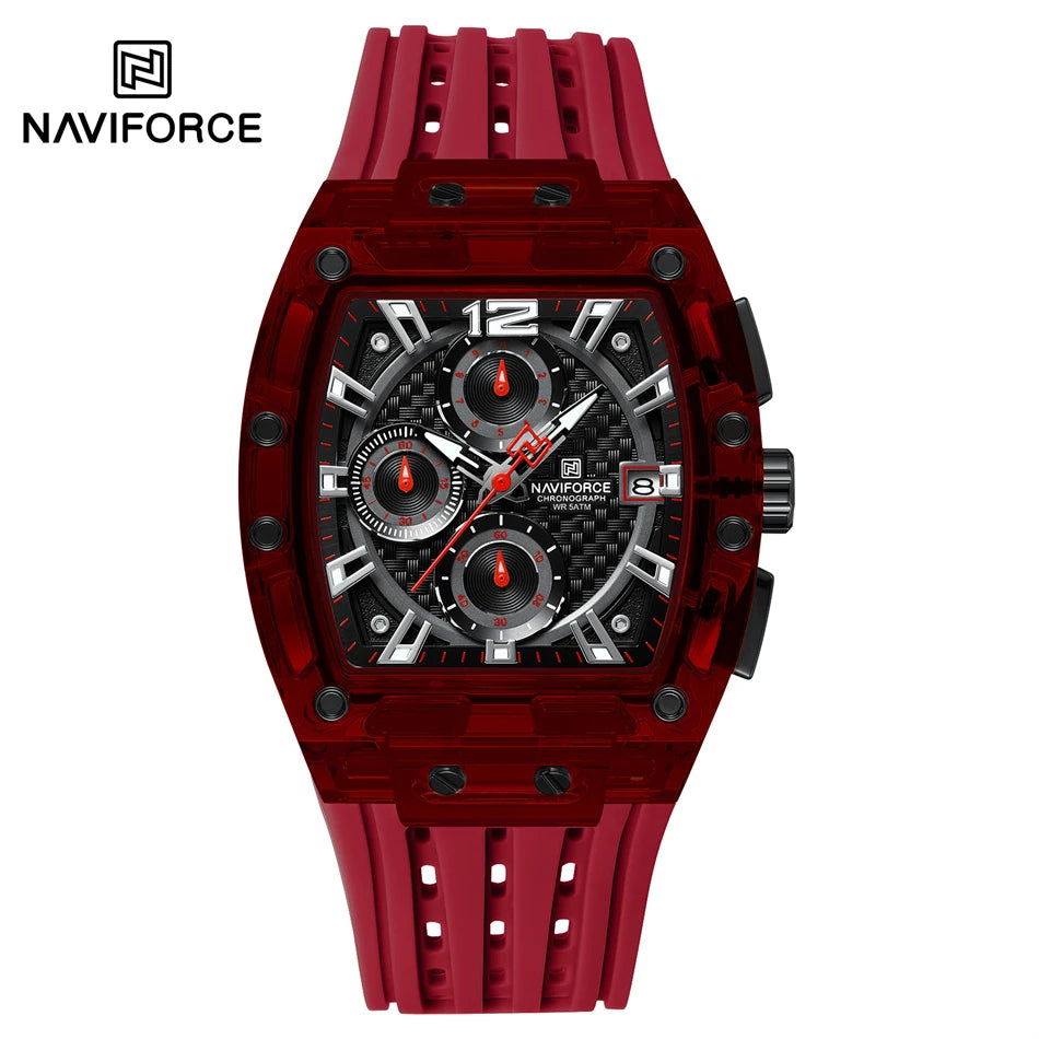 NAVIFORCE Men's Quartz Watch Multifunctional Colorful Chronograph Top Brand Silicone Strap 5ATM Waterproof Tonneau Wristwatches
