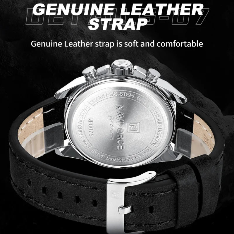 NAVIFORCE Men's Watch Quartz Chronograph Genuine Leather Strap Waterproof Luminous Hand Male Fashion Design Wristwatch Gifts Box