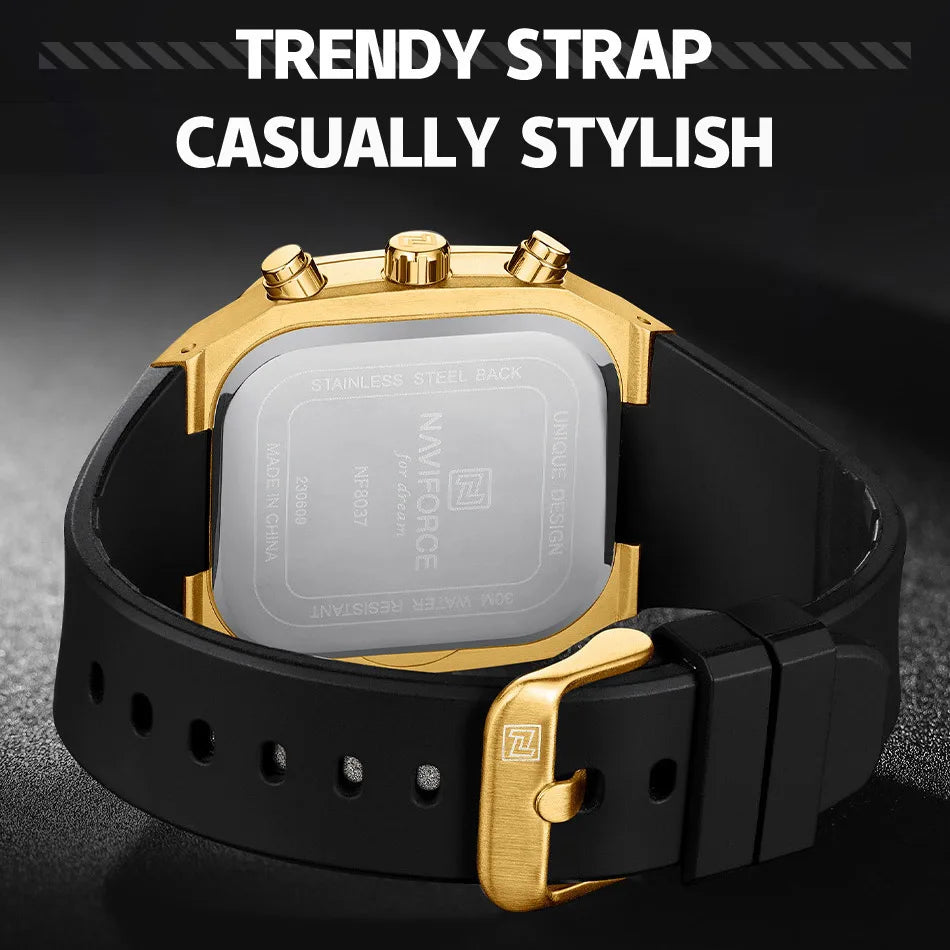 NAVIFORCE Men's Luxury Gold Watch Fashion Silicone Strap Quartz Movement Waterproof Square Wristwatch with Luminous Hands And Da