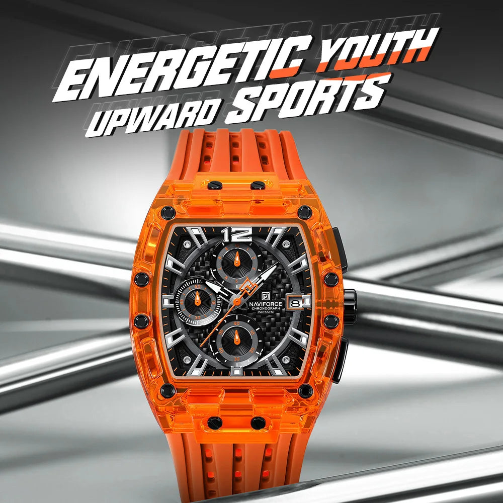 NAVIFORCE Men's Quartz Watch Multifunctional Colorful Chronograph Top Brand Silicone Strap 5ATM Waterproof Tonneau Wristwatches