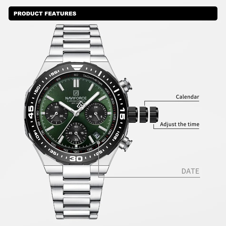 NAVIFORCE 2024 New Men Watch Waterproof Business Casual Date Luminous Quartz Wristwatch Chronograph Stainless Steel Strap Clock