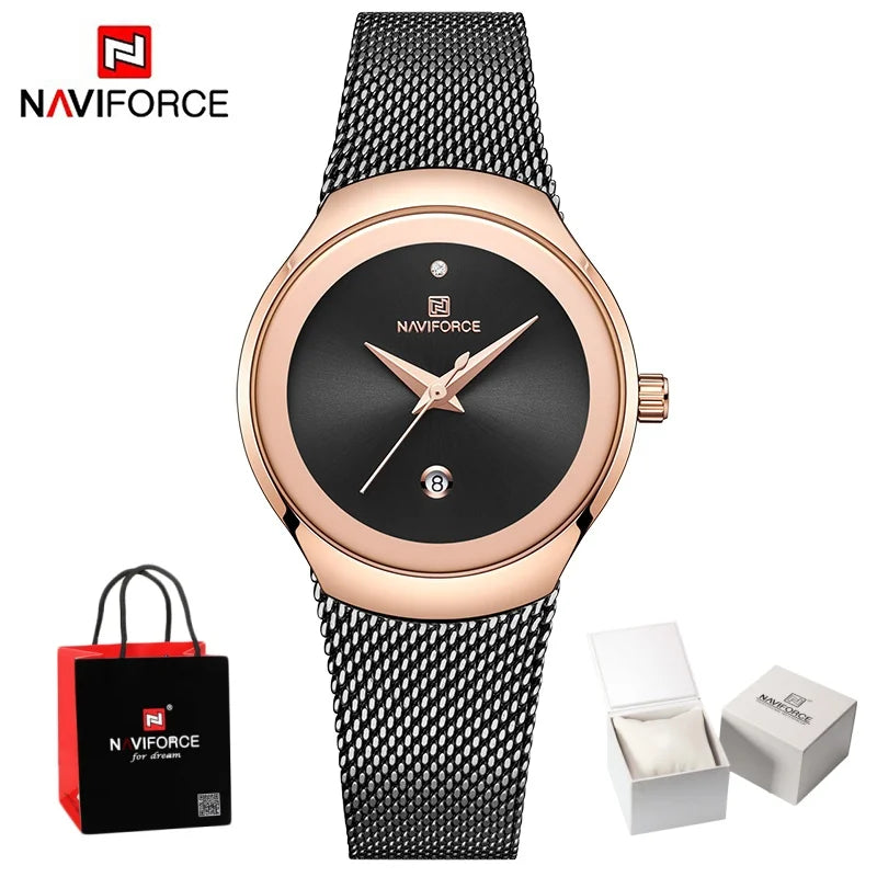 NAVIFORCE Women's Simple Quartz Watches 30M Waterproof Auto Date Steel Strap Female Casual Fashion Daily Use Wristwatch Gift Box