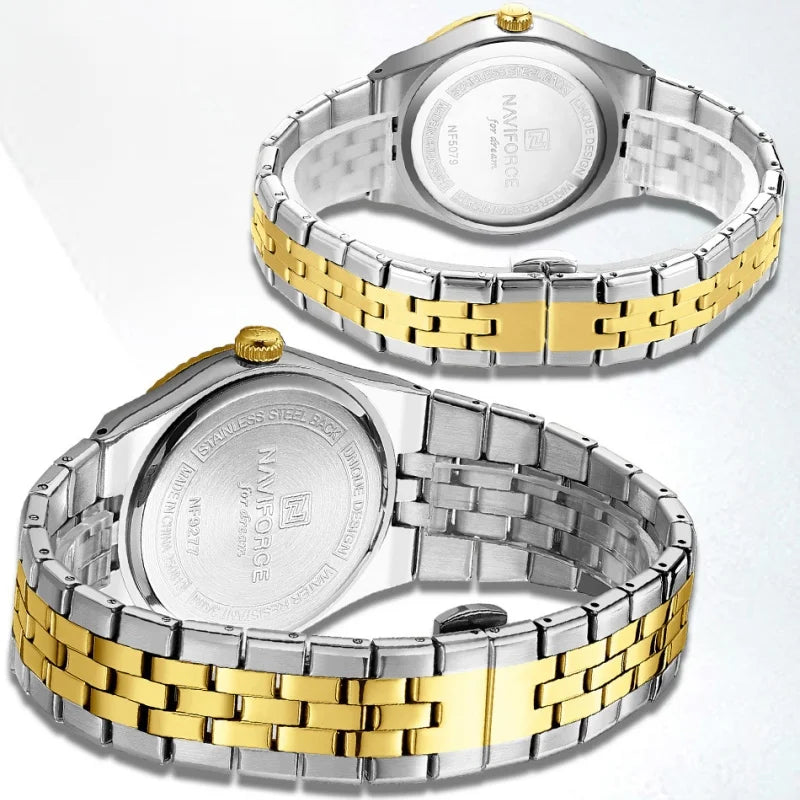 NAVIFORCE New Lover Watches 3ATM Waterproof Quartz Calendar Stainless Steel Fashionable Elegant Daily Wear Wristwatch for Couple