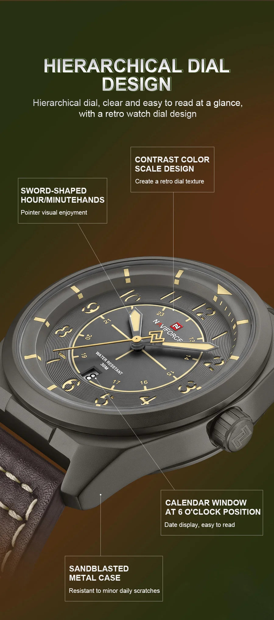 NAVIFORCE New Men Retro Quartz Watch Calendar 30M Waterproof Leather Strap Male Simple Trendy Mature Business Wristwatch NF9281L