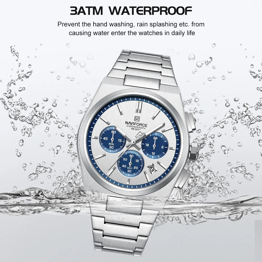 NAVIFORCE Male Quartz Stylish Watches Chronograph Waterproof Luminous Hands Stainless Steel Band Men Luxury Business Wristwatch