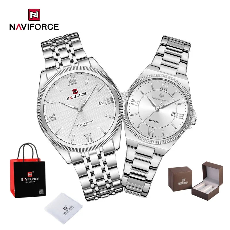 NAVIFORCE Elegant Couple Lover Watches Quartz Calendar Display 30M Water Resistant Watch Stainless Steel Daily Luxury Wristwatch