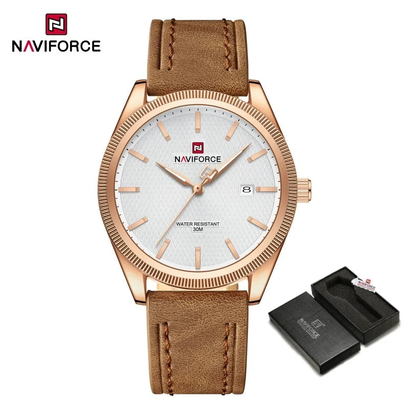 NAVIFORCE Men's Watches Fashion Genuine Leather Strap 30M Waterproof Male Quartz Wristwatches Luminous Point Date Display Clock