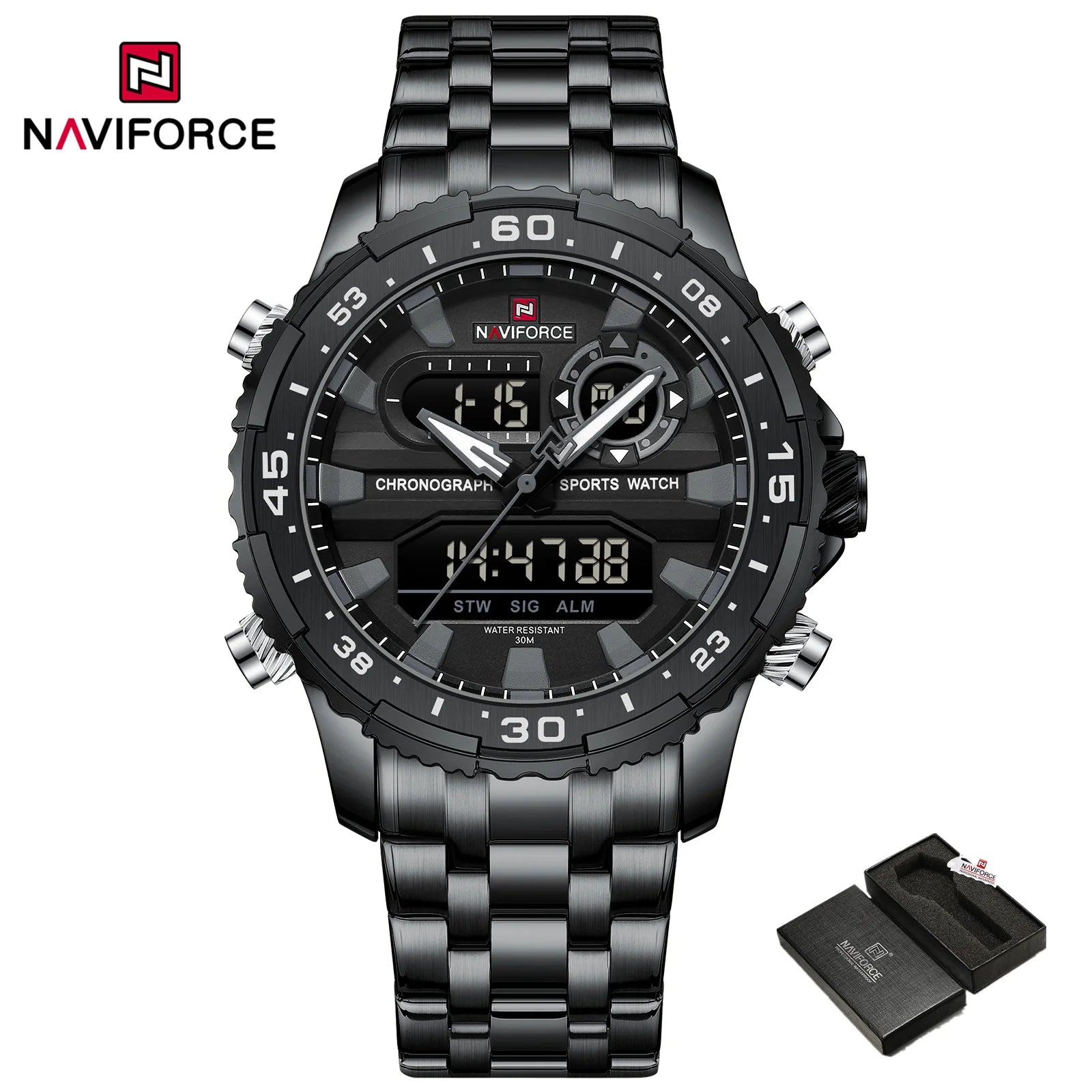 Gifts for Boyfriends NAVIFORCE Men's Silver Black Quartz Watch LCD Digital Waterproof  Wristwatch Male Luminous Hands Date Clock
