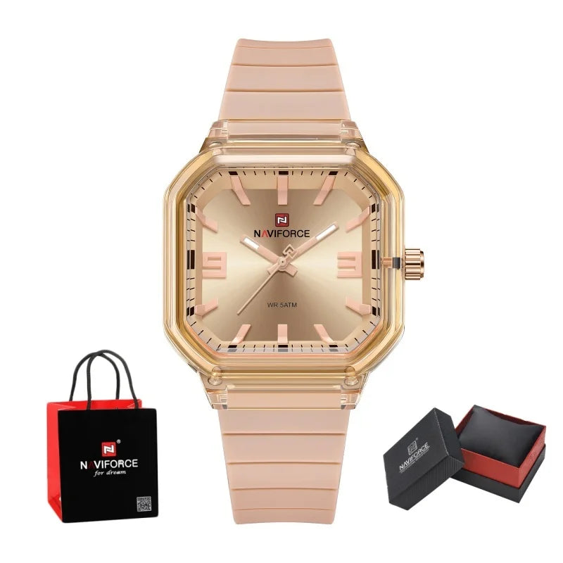 NAVIFORCE Women Polygon Watch Display Silicone Strap 50M Waterproof Luminous Fashionable Elegant Ladis Girls Wristwatch Gift Box