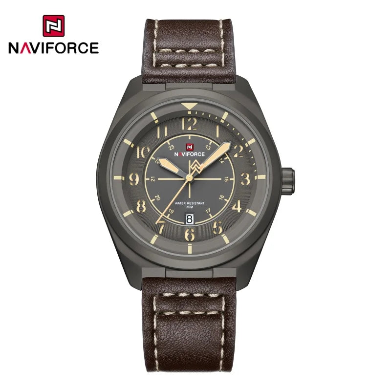NAVIFORCE Simple Men Quartz Calendar Watch 3ATM Waterproof Genuine Leather Strap Business Casual Fashion Mature Style Wristwatch