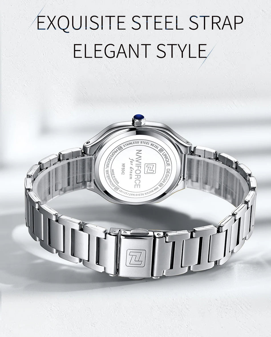 NAVIFORCE Women's Casual Fashion Quartz Watch Unique Design Waterproof Steel Strap Elegant Ladis Daily Wear Wristwatch Gift Box