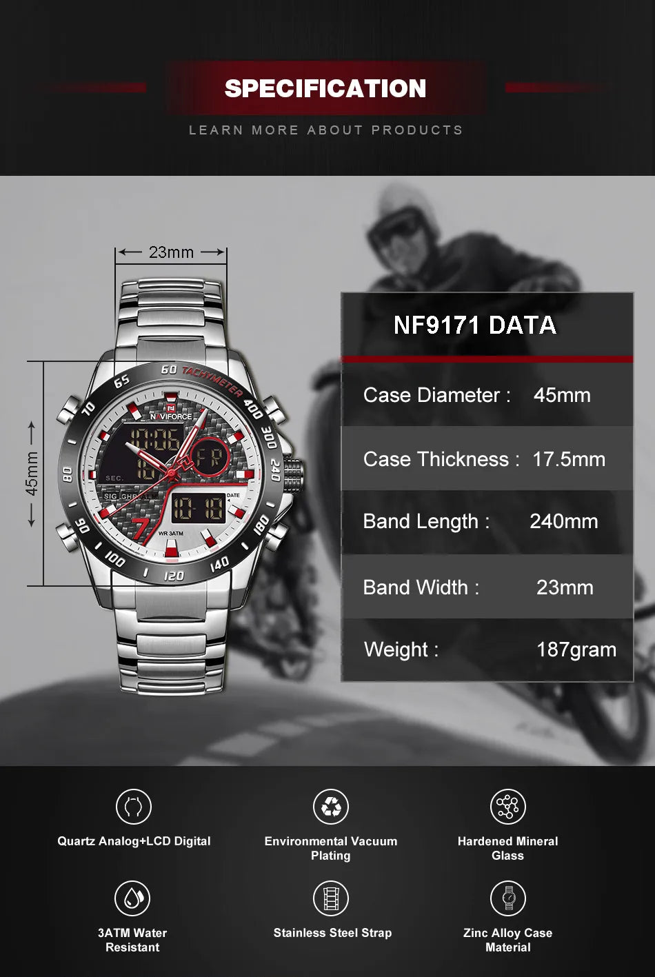 NAVIFORCE Man's Quartz Watch Dual Display Luminous Stainless Steel Strap Male Fashion Business Father's Day Wristwatch Gifts Box