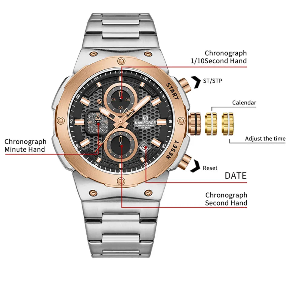 NAVIFORCE 2025 Man Quartz Watch Sport Military Watch For Men Waterproof Luminous Date Chronograph Stainless Steel Men's Watches