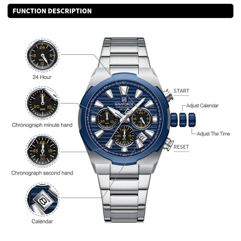 NAVIFORCE Watch For Men Mutifunction Chronograph Quartz Wristwatches Calendar display Military 24 Hours Luminous New Men Clock