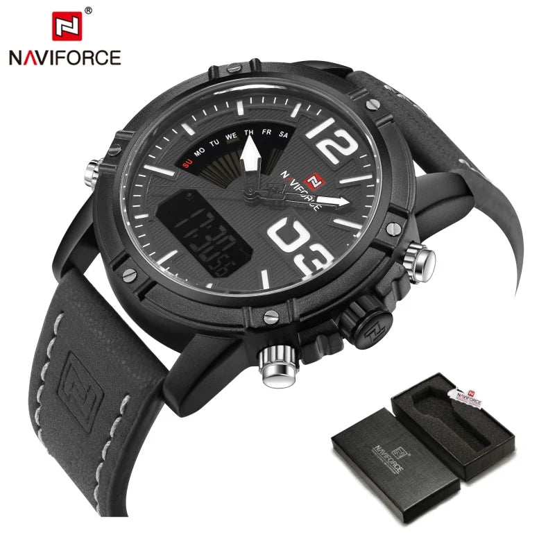 NAVIFORCE Luxury Brand Men's Sport Watches Men Dual Display LED Digital Waterproof Leather Strap Quartz Military Watch Man Clock