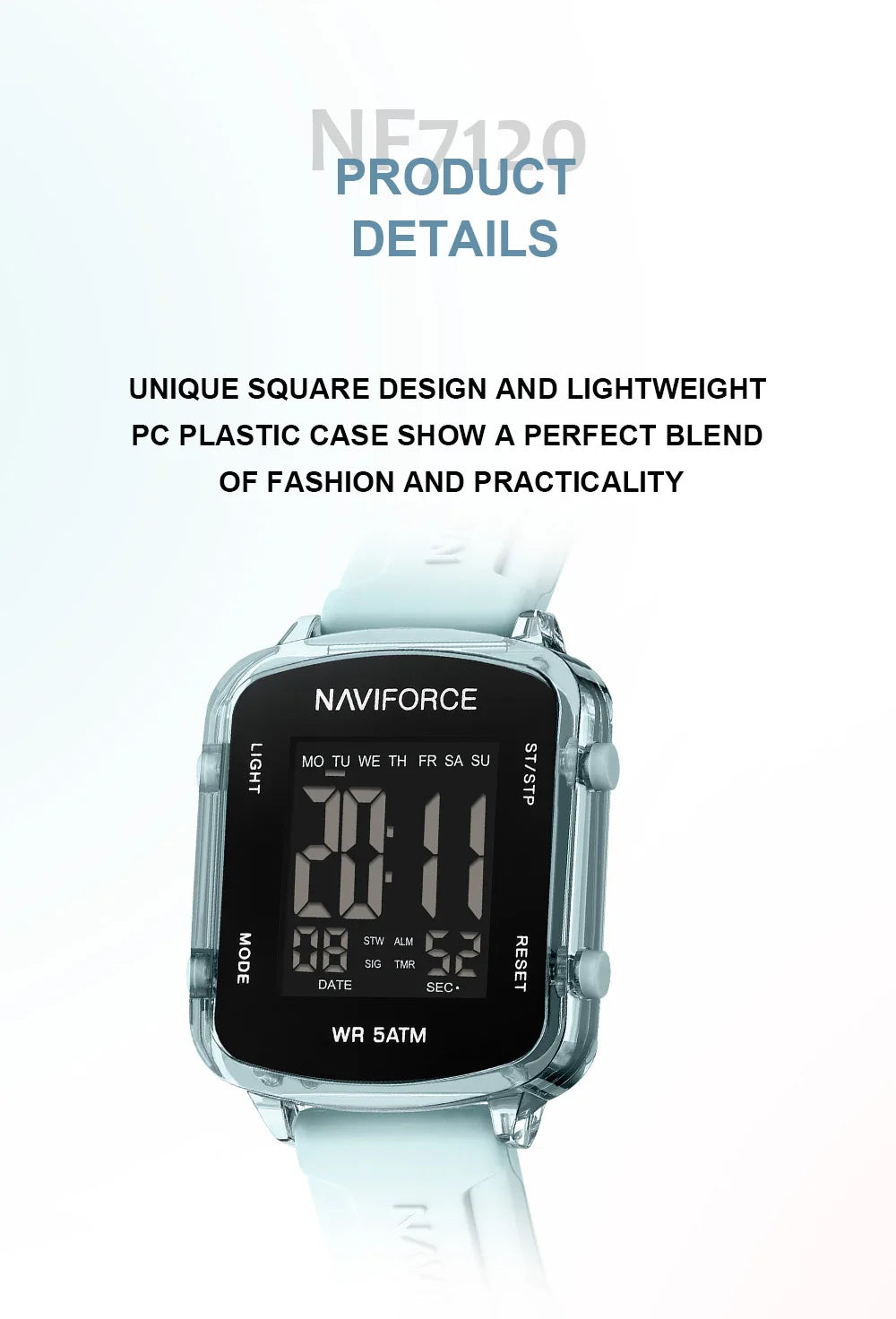 NAVIFORCE Watches for Woman LCD Digital 5ATM Waterproof Date Display Soft Silicone Strap Female Daily Casual Sports Wristwatch