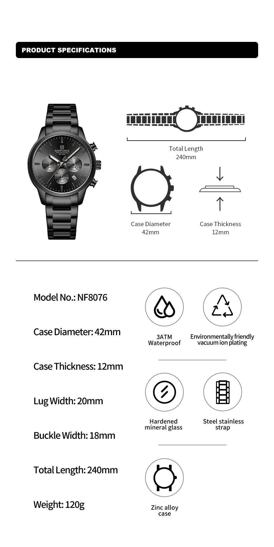 Mens Watches NAVIFORCE Fashion Luxury 30M Waterproof Date Display Quartz Watch Man Fashion Steel Band Sport WristWatch Men Clock