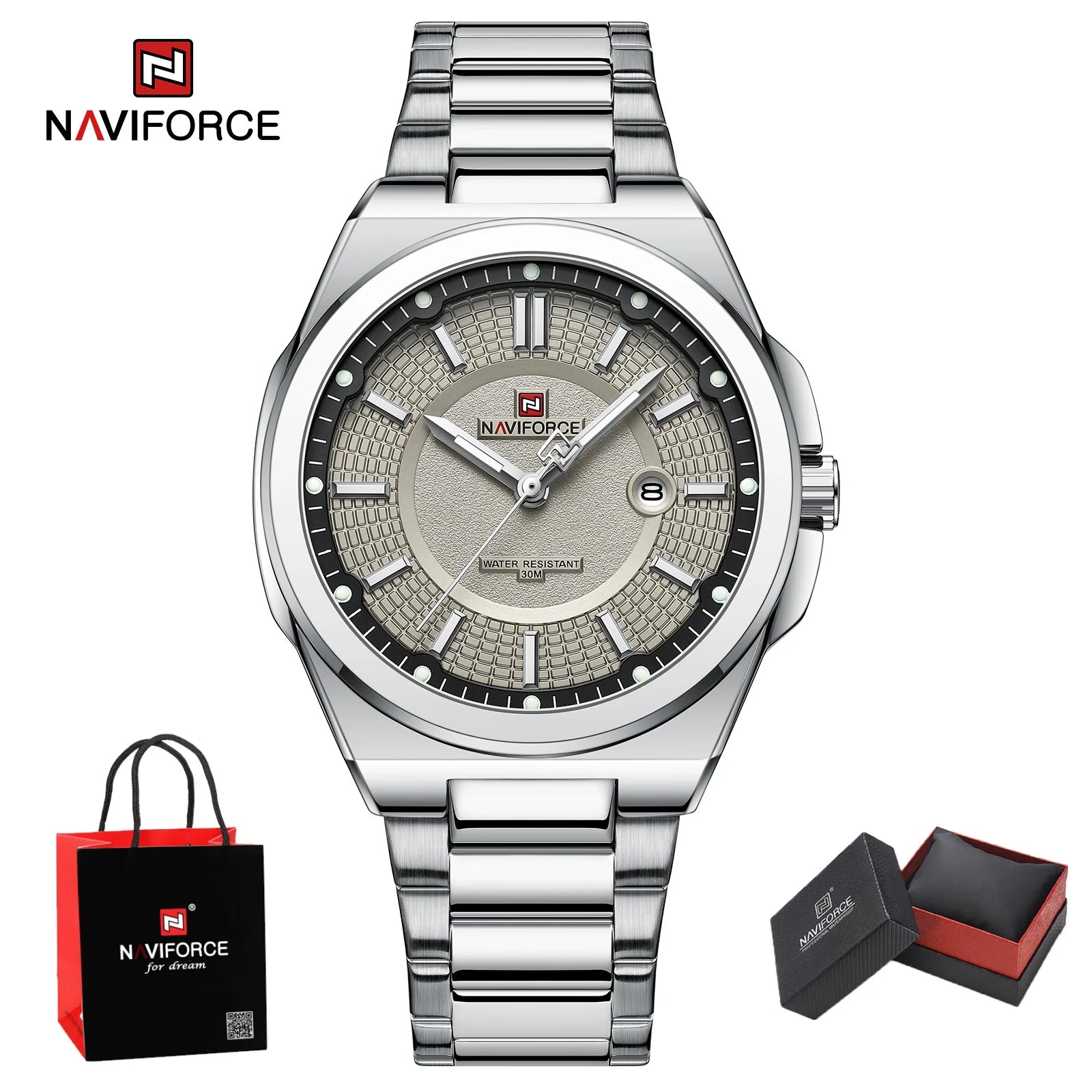 NAVIFORCE Men's Watch Stainless Steel Strap Military Casual Business Quartz Waterproof Calendar Clock with Gift Box