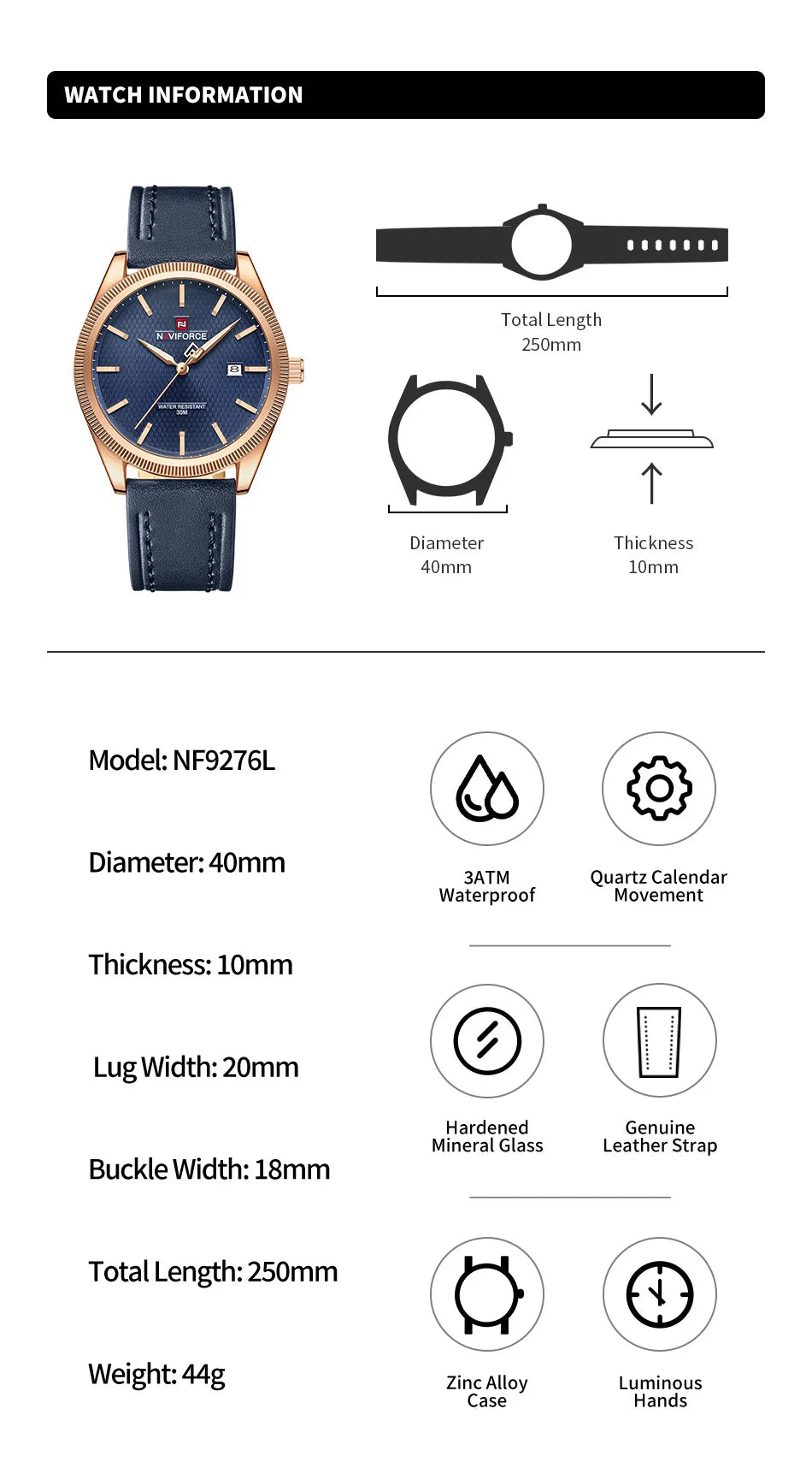NAVIFORCE Men's Watches Fashion Genuine Leather Strap 30M Waterproof Male Quartz Wristwatches Luminous Point Date Display Clock