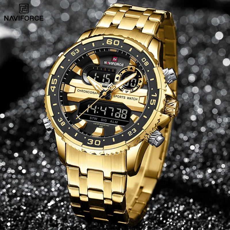 NAVIFORCE Men's Sports Alarm Watch Waterproof Chronograph Quartz Movement Steel Band Digital Date Week Display Wristwatches Gift