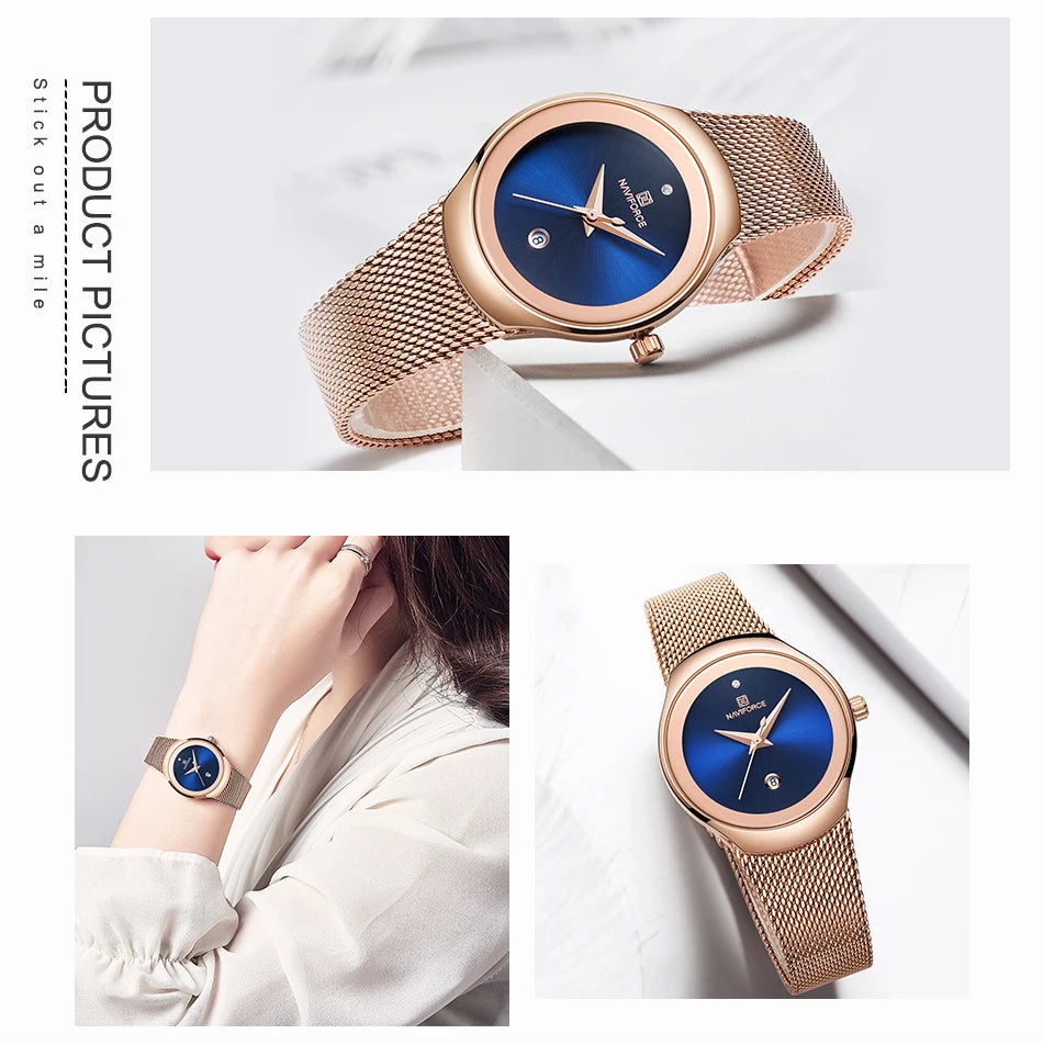 NAVIFORCE Women's Simple Quartz Watches 30M Waterproof Auto Date Steel Strap Female Casual Fashion Daily Use Wristwatch Gift Box